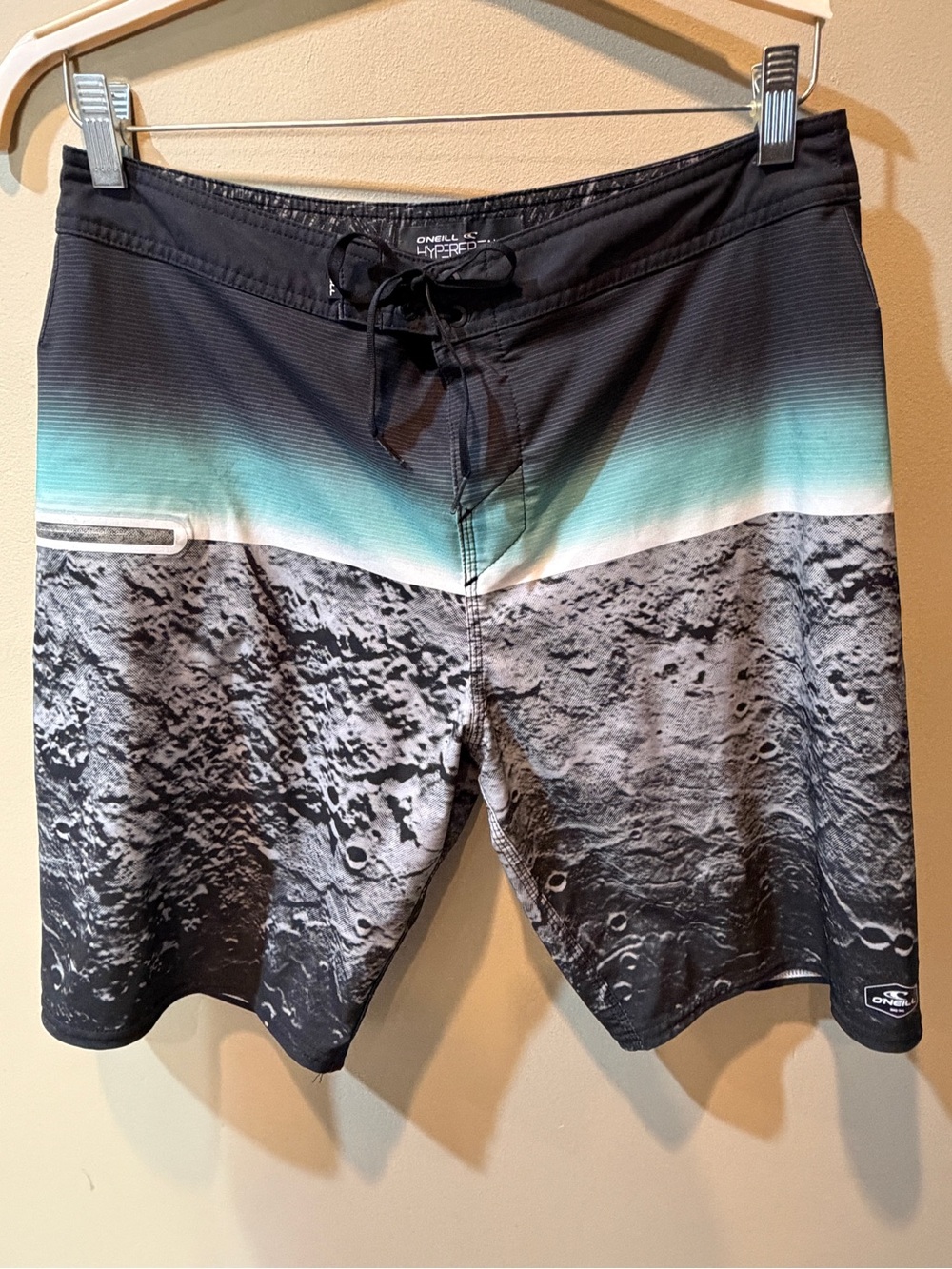 O'Neill Black & Teal Hyperfreak Lunar-Print Men’s 9” Boardshorts Swim Suit